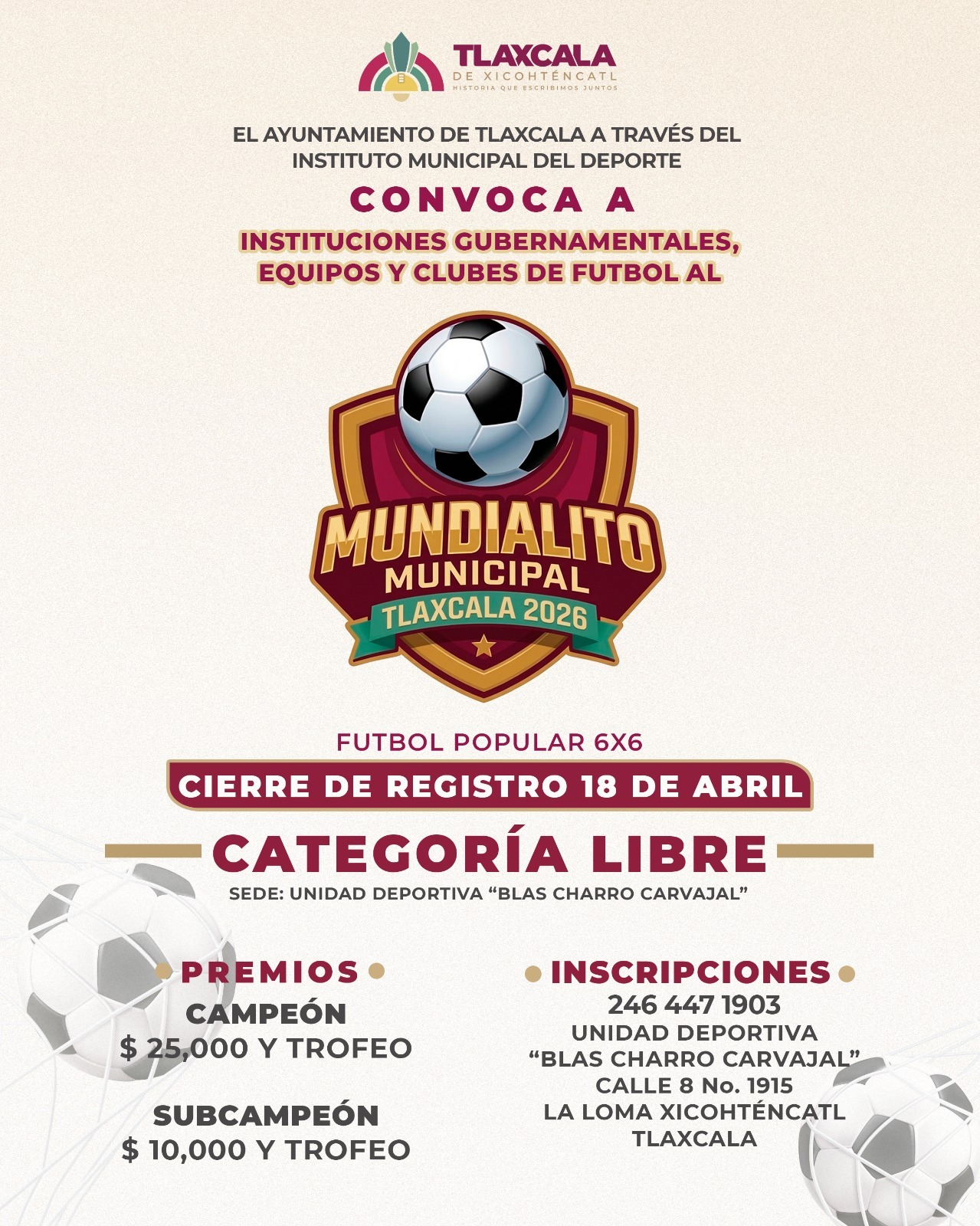 Este sábado 18 de abril cierra registro para el 'Mundialito Municipal" de futbol 6x6 en Tlaxcala